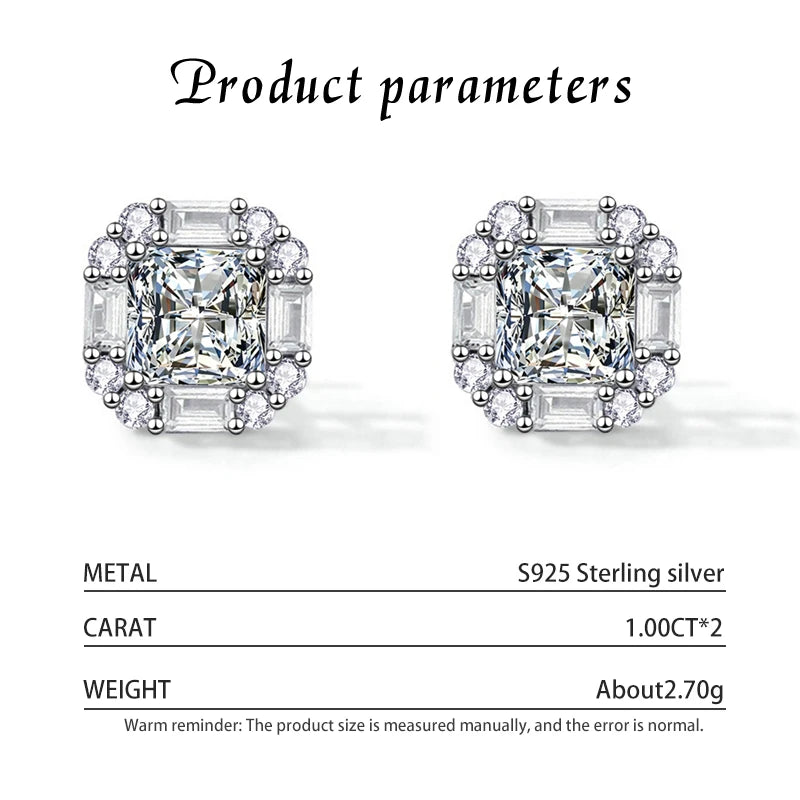 Kinselle 1CT Princess-Cut Moissanite Stud Earrings — D Color, VVS1, 925 Sterling Silver