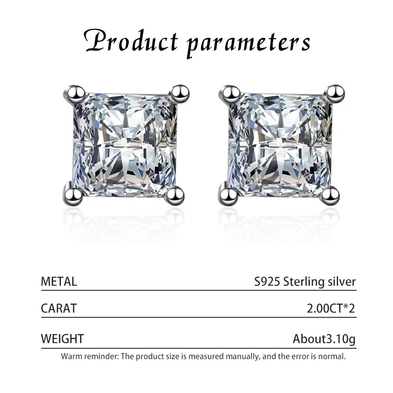 Kinselle 2CT Princess-Cut Moissanite Stud Earrings — D Color, VVS1, 925 Sterling Silver