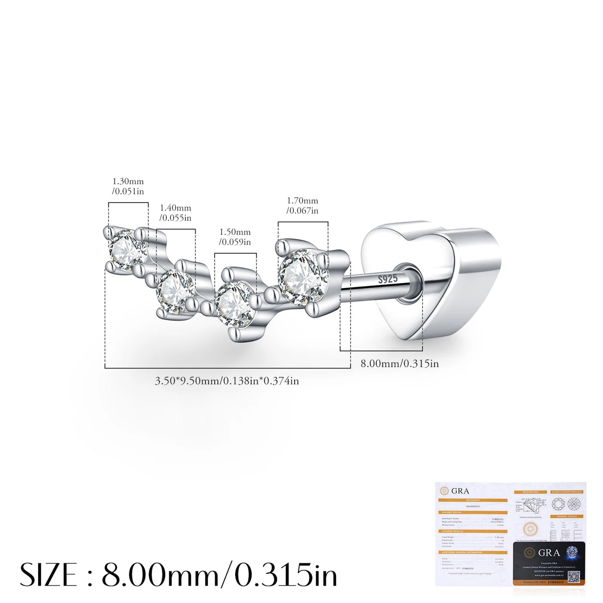 Kinselle Heart Moissanite Stud Earrings — VVS1, 925 Sterling Silver