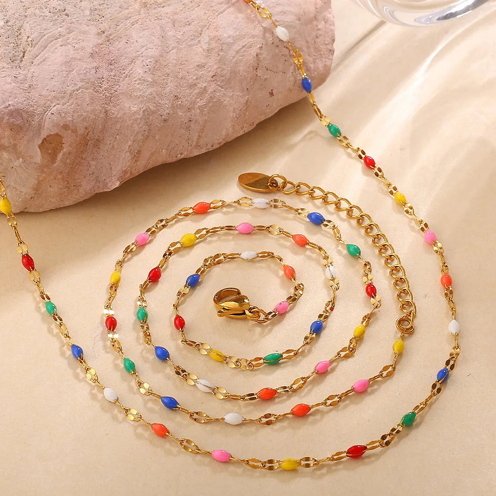 Gold-Plated Beaded Necklace with Colorful Crystal Rhinestones – Bohemian-Style Women’s Party Jewelry Gift