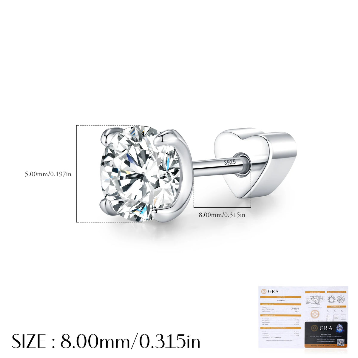 Kinselle Round Brilliant Moissanite Stud Earrings — VVS1, 925 Sterling Silver