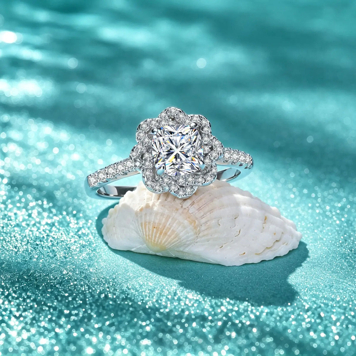 Kinselle Cushion-Cut Moissanite Flower Halo Ring — D Color, VVS1, 925 Sterling Silver