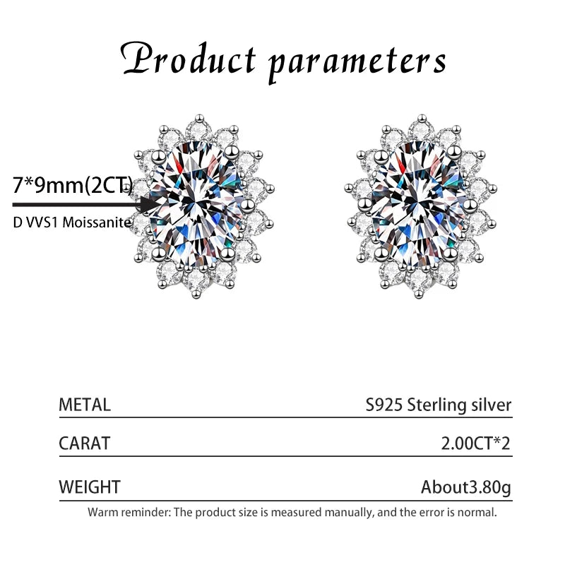 Kinselle 2CT Oval Moissanite Snowflake Stud Earrings — D Color, VVS1, 925 Sterling Silver