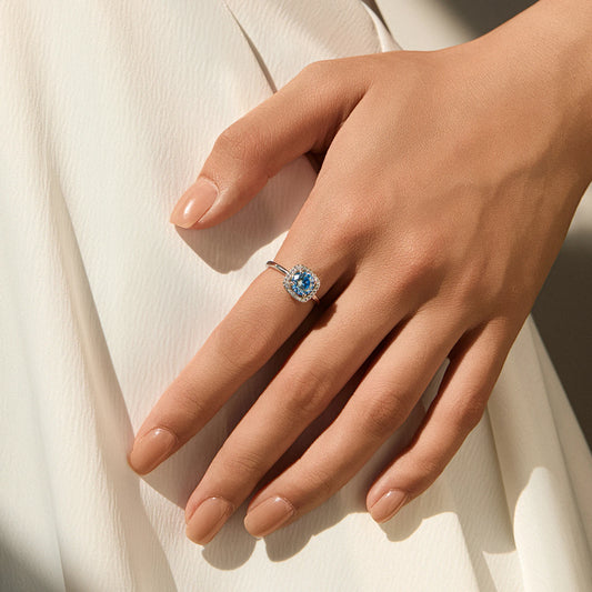 Kinselle Sea Blue Moissanite Halo Ring — 925 Sterling Silver