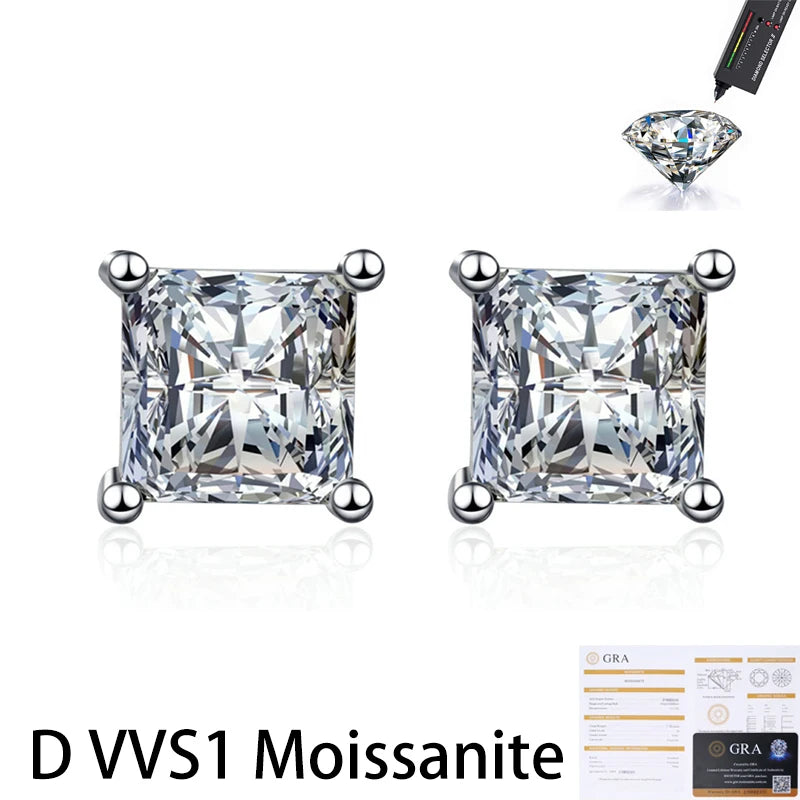 Kinselle 2CT Princess-Cut Moissanite Stud Earrings — D Color, VVS1, 925 Sterling Silver
