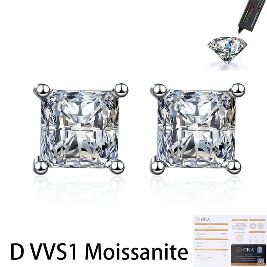 Kinselle 2CT Princess-Cut Moissanite Stud Earrings — D Color, VVS1, 925 Sterling Silver
