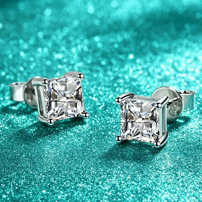 Kinselle 2CT Princess-Cut Moissanite Stud Earrings — D Color, VVS1, 925 Sterling Silver