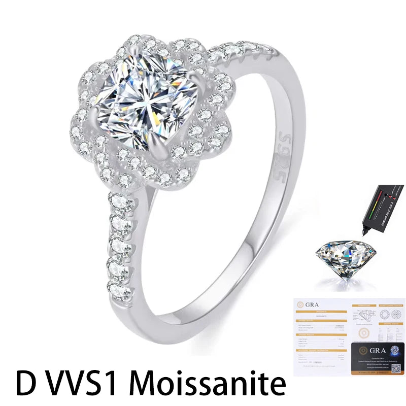 Kinselle Cushion-Cut Moissanite Flower Halo Ring — D Color, VVS1, 925 Sterling Silver