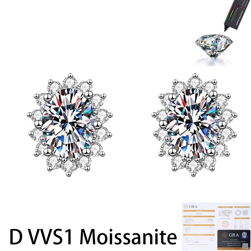Kinselle 2CT Oval Moissanite Snowflake Stud Earrings — D Color, VVS1, 925 Sterling Silver