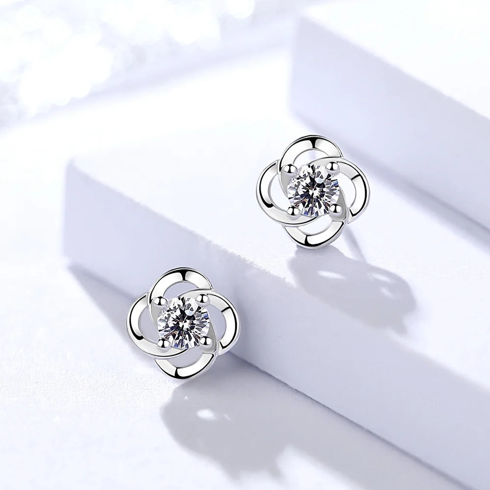 Kinselle Rotating Four-Leaf Clover Zircon Stud Earrings — 925 Sterling Silver