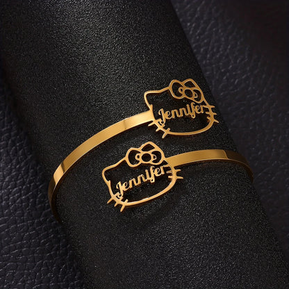 Kinselle Personalized Cat Name Cuff Bracelet – Gold-Plated or Silver-Plated