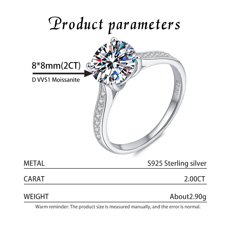 Kinselle 2CT Round Brilliant Moissanite Ring — D Color, VVS1, 925 Sterling Silver