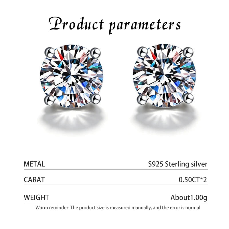 Kinselle 0.5CT Round Moissanite Stud Earrings — D Color, VVS1, 925 Sterling Silver