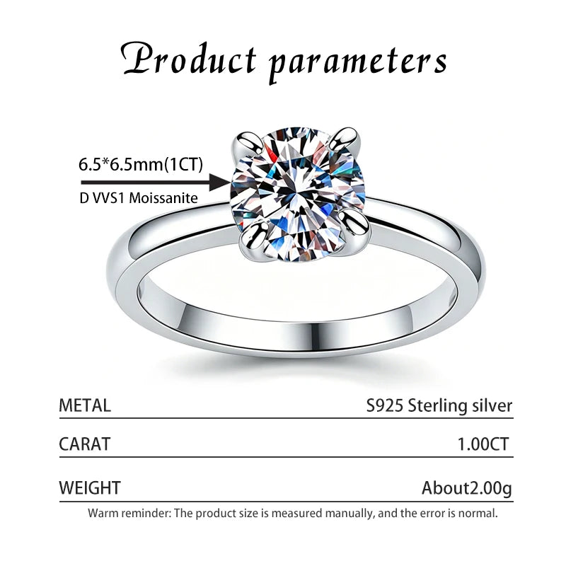 Kinselle 1CT Round Moissanite Solitaire Ring — D Color, VVS1, 925 Sterling Silver
