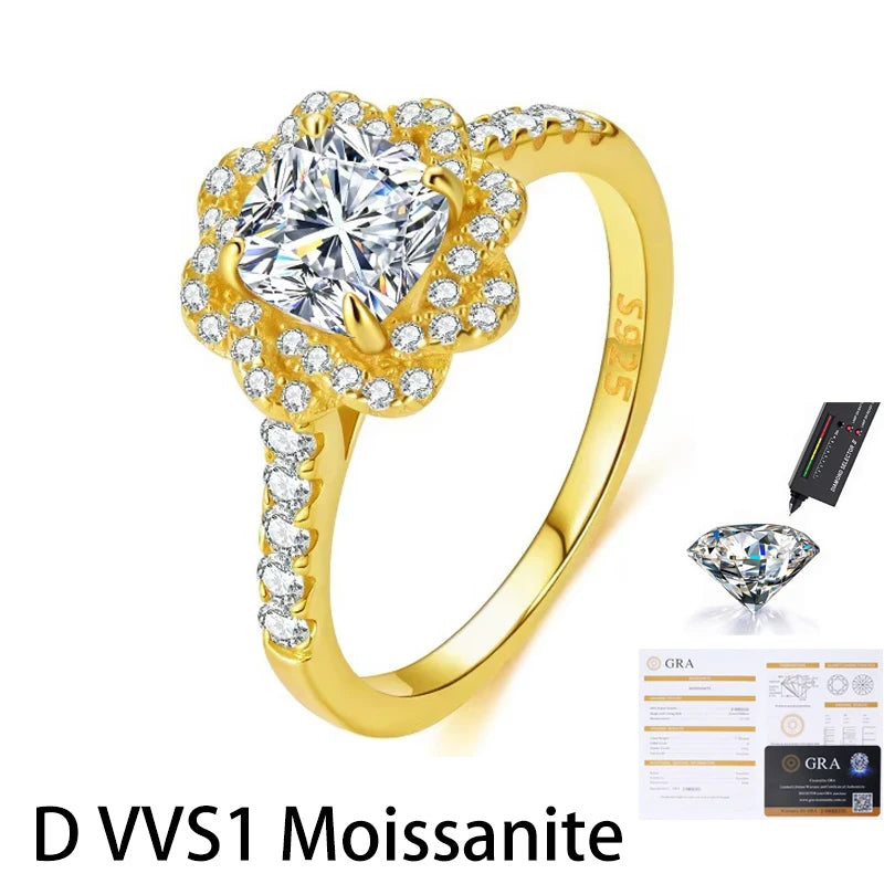 Kinselle Cushion-Cut Moissanite Flower Halo Ring — D Color, VVS1, 925 Sterling Silver